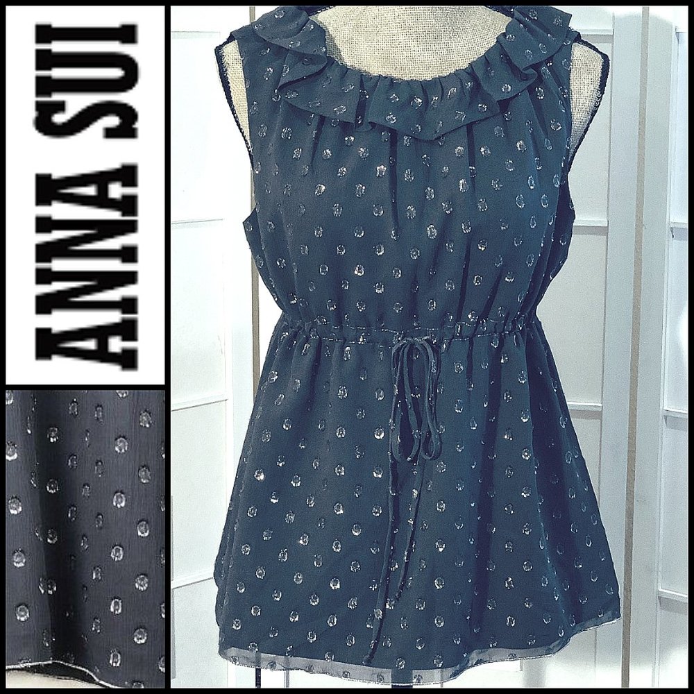 Anna Sui Gray Sparkly Metallic Silk-Blend Blouse with polka dot pattern